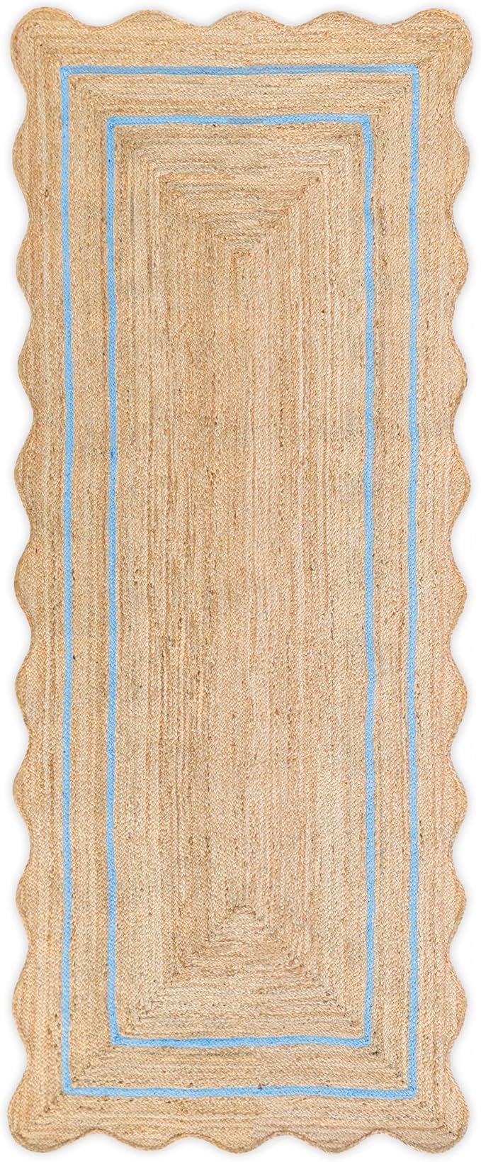 Wave Scalloped Natural Jute Rug Boho Jute Rug Entryway Runner Rug Farmhouse Scallop Rug, Sky Blue (2'6"x14')