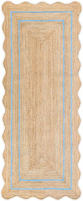 Wave Scalloped Natural Jute Runner, Sky Blue (2'x6'): Boho Jute Entryway Farmhouse Scallop Rug