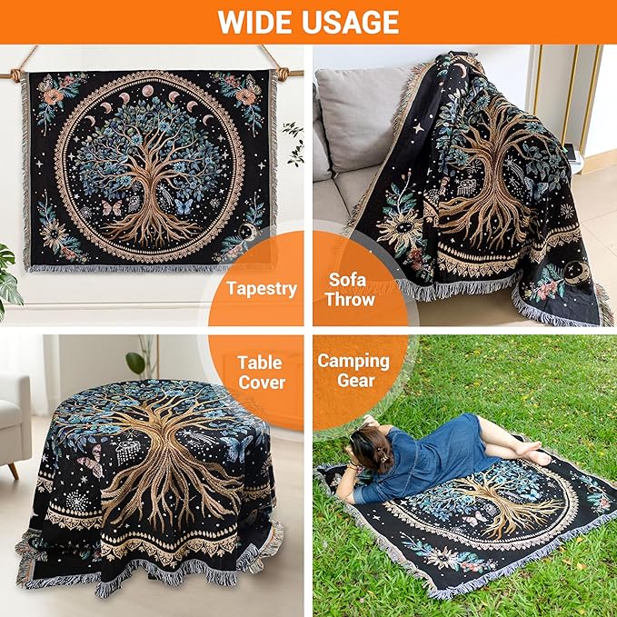 Tree of Life Woven Throw Blanket Mandala Boho Chic Decor Life Tree Reversible Cute Cotton Boho Throw Blanket Witchy Throws Blankets with Tassels Bohemian Room Decor Luxury Christmas Throws 51”x59”