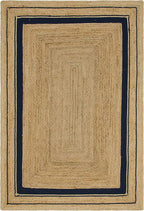 Unique Loom Braided Jute Collection Classic Quality Made Natural Hand Woven with Coastal Design Area Rug (6' 0 x 9' 0 Rectangular, Natural/ Navy Blue)