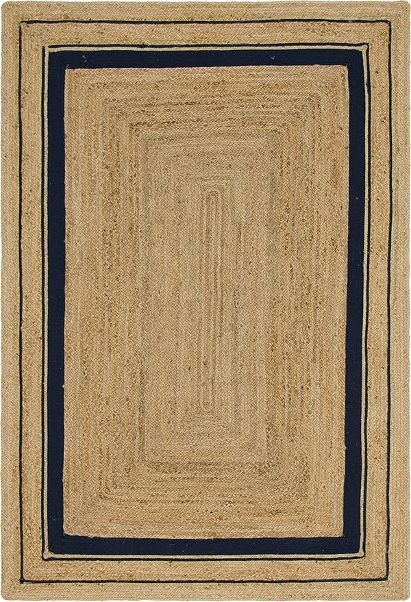 Unique Loom Braided Jute Collection Classic Quality Made Natural Hand Woven with Coastal Design Area Rug (6' 0 x 9' 0 Rectangular, Natural/ Navy Blue)