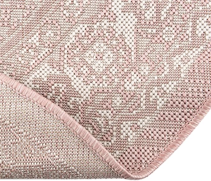 Rugs.com Outdoor Aztec Collection Rug – 8 Ft Round Pink Flatweave Rug Perfect for Kitchens, Dining Rooms