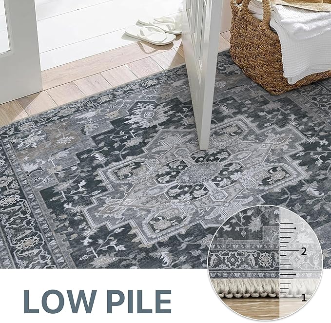 GENIMO 5FT Round Area Rugs for Living Room, Circle Rugs Machine Washable Low Pile, Chenille Non Slip Vintage Rug for Bedroom, Dining Room, Home Office, Charcoal Brown