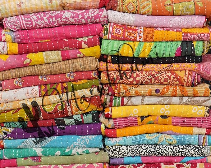 Marubhumi Vintage Kantha Quilt – Handmade Reversible Cotton Throw Blanket with Assorted Patchwork | Boho-Style Decorative Bedding for Sofa, Couch, Bed & Picnic | 1 Pc