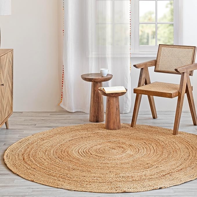 HOMEMONDE 6ft Round Natural Jute Rug - Handwoven Braided Reversible Vintage Area Rug Farmhouse Rustic and Bohemian Eco Friendly Home Décor for Bedroom, Living Room and Kitchen