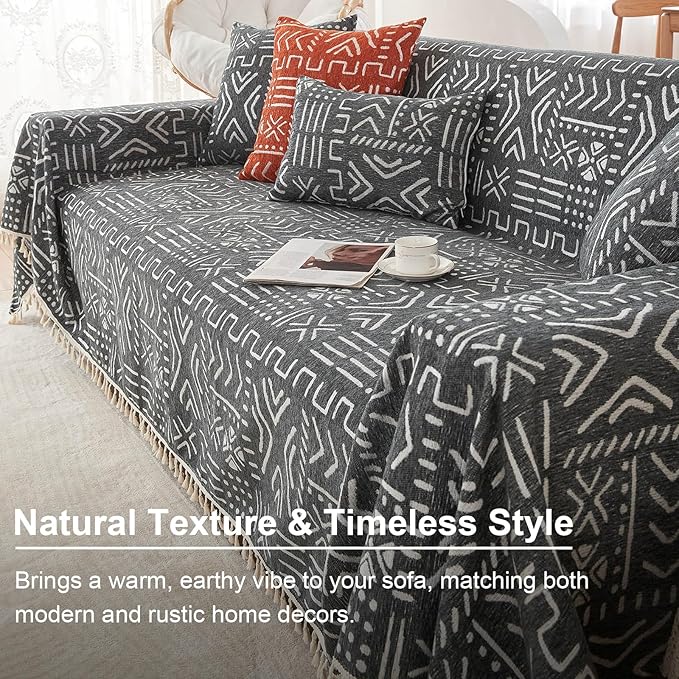 VClife Boho Couch Cover for 3 Cushion Couch Sofa Durable Soft Chenille Sofa Slipcover for Sectional Sofa, 1 PC Multi-Functional Sofa Covers Protector, Black and White Furniture Protector 71" x 134"