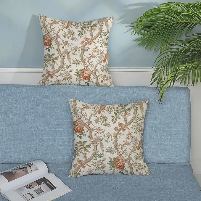 Chinoiserie Pillow Covers 18x18 Set of 2 Orange Green Bird Floral Throw Pillows Vintage Flowers Decorations Outdoor Pillowcase Chinoiserie Decor Farmhouse Linen Cushion Case for Couch Home