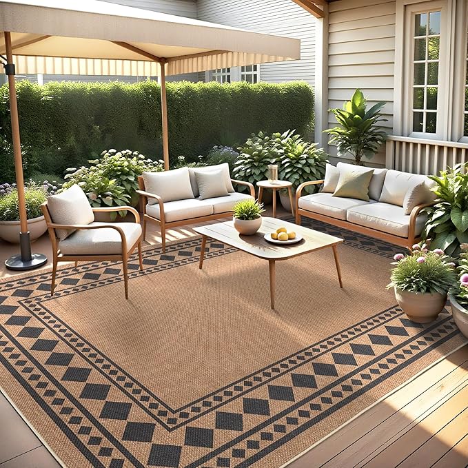 GarveeHome Large Easy Jute Rugs 10x13 Living Room Rug Modern Bordered Solid Rug with Non-Slip Backing, Non-Shedding Jute Indoor Outdoor Neutral Carpet for Dining Room, Patio, Backyard, Brown