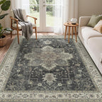 GENIMO 5x7 Area Rugs for Living Room, Machine Washable Rug, Non Slip Indoor Vintage Rug, Low Pile Lightweight Chenille Print Carpet for Bedroom Dining Room Home Office, Muted Charcoal Beige