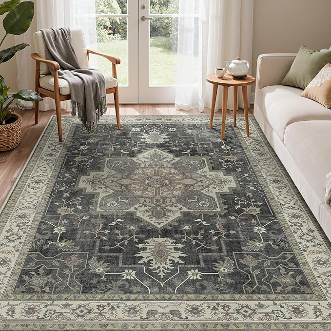 GENIMO 8x10 Area Rugs for Living Room, Machine Washable Rug, Non Slip Indoor Vintage Rug, Low Pile Lightweight Chenille Print Carpet for Bedroom Dining Room Home Office, Muted Charcoal Beige