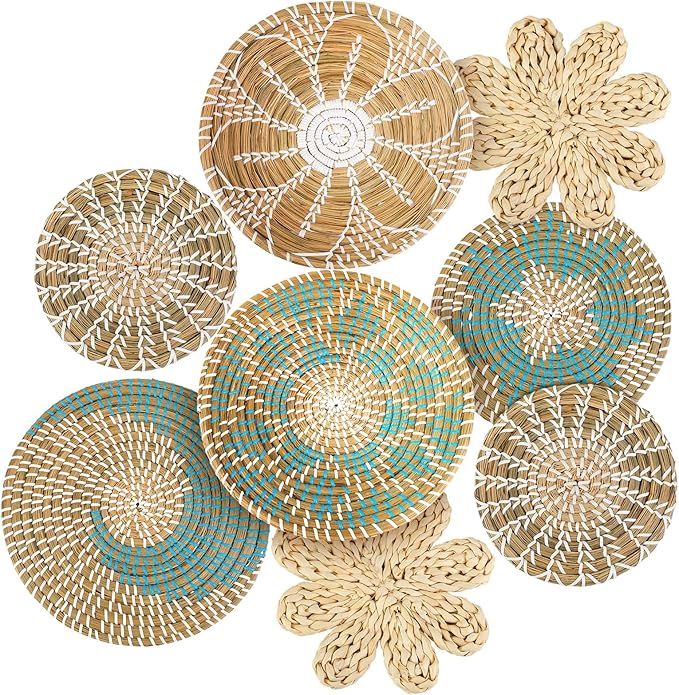 Xuhal 8 Pcs Boho Wall Basket Decor Decorative Bulrush Woven Basket Wall Decor Rustic Farmhouse Hanging Baskets for Kitchen Rustic Home Summer Decorations