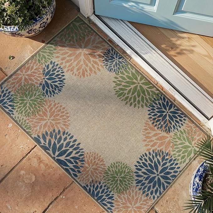 LIVEBOX Easy Jute 28''x43'' Front Porch Rug, Outdoor Non Slip Washable Kitchen Rug Modern Floral Bohemian Area Rugs Floor Hello Welcome Door Mat Carpet for Entryway Doorway(Olive 28''x43'')