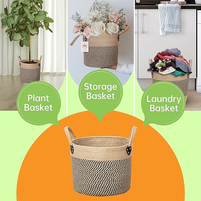 Jute Rope Basket - 10"x10" Woven Plant Pot Holder with Handles, Boho Indoor/Outdoor Planter Cover, Multifunctional Storage