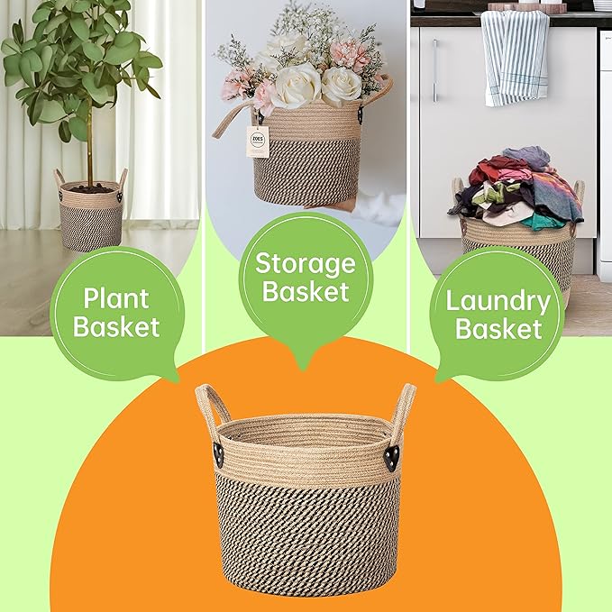 Jute Rope Basket - 12"x12" Woven Plant Pot Cover, Boho Indoor/Outdoor Multifunctional Storage