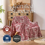 DOWN HOME Chenille Cotton Throw Blanket for Couch, Lightweight Boho Blanket for Bed Sofa Chair Living Room Outdoor Soft Woven Decorative Blanket with Tassel Gift Red Leaves 50"x70"
