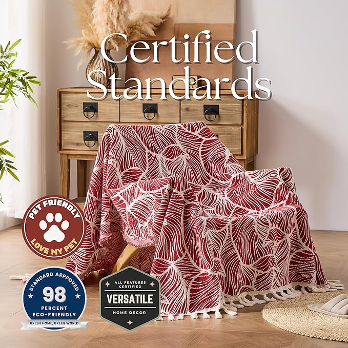 DOWN HOME Chenille Cotton Throw Blanket for Couch, Lightweight Boho Blanket for Bed Sofa Chair Living Room Outdoor Soft Woven Decorative Blanket with Tassel Gift Red Leaves 50"x70"
