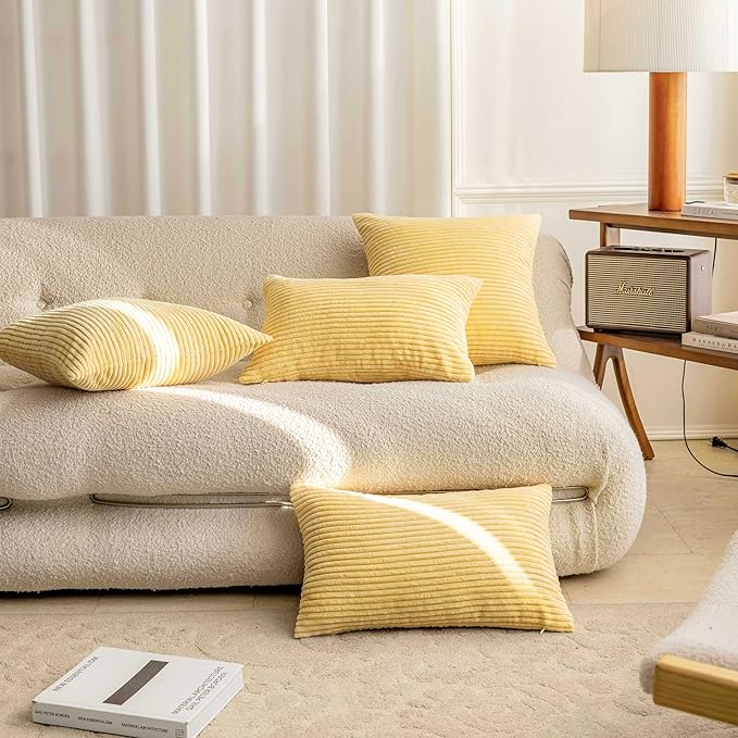Home Brilliant Set of 2 Spring 24x24 Pillow Covers Decorations Yellow Striped Velvet Corduroy Euro Throw Pillow Sham for 26 inch Pillow Insert for Sofa Decor, 24 x 24 inch, Light Yellow