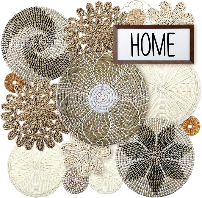 Xuhal 15 Pcs Boho Wall Basket Decor Handcrafted Seagrass Woven Wall Basket Rustic Round Woven Hanging Art for Home Farmhouse Kitchen Table Living Room(Elegant Style)