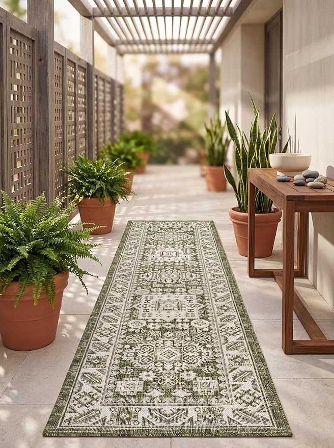 Rugs.com Outdoor Aztec Collection Rug – 8 Ft Runner Green Flatweave Rug Perfect for Hallways, Entryways