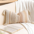 BlissBlush Decorative Lumbar Pillow Cover 12x20, Neutral Cream Boho Accent Pillowcase with Tufted Texture and Tassels, Beige Rectangular Cushion for Sofa Couch Living Room (Cover Only)