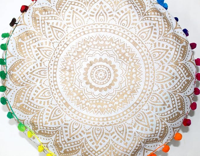 ICC Floor Pillows & Cushion covers Decorative Hippie Mandala Pouf Pillow covers Seating Meditation Cushion Cover Large Boho Ottoman Case Pillowcase Couch White Gold Ombre 16" Round