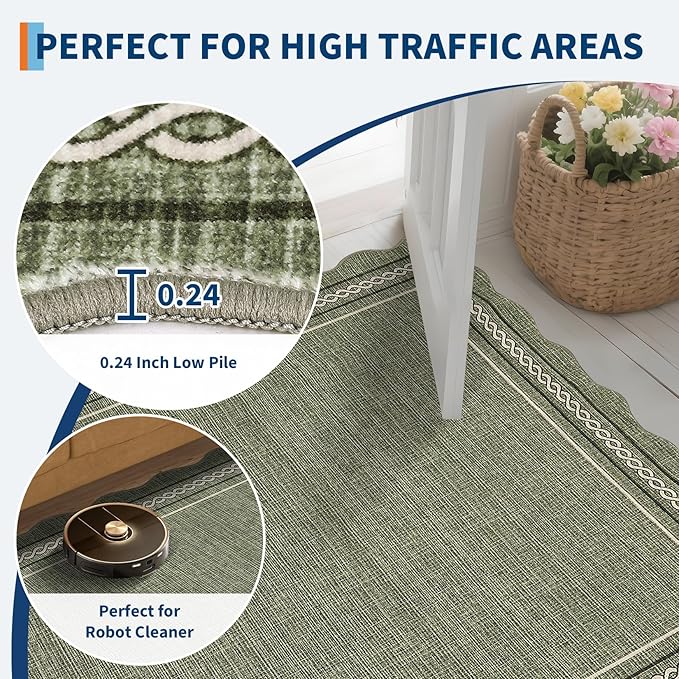 GarveeHome Washable Area Rugs 6x9 Scalloped Green Rug Non Slip Living Room Rug Soft Rugs for Bedroom Low Pile Stain Resistant Carpet for Nursery Dining Room Playroom, Green