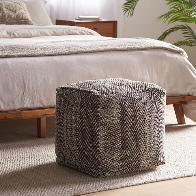 GDFStudio Boho Handmade Fabric Cube Pouf Ottoman Foot Stool - Bean Bag Floor Chair - Foot Rest Couch for Living Room Bedroom, Brown Beige and Yellow,15"" x 15"" x 15"", 312185N