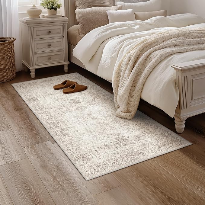 Fmfunctex 2x5 Washable Runner Rug Beige Vintage Neutral Distressed Non Slip Low Pile Indoor Carpet Soft Retro Floral Hallway Entryway Rug for Kitchen Living Room Bedroom Bathroom Laundry Entry Bedside