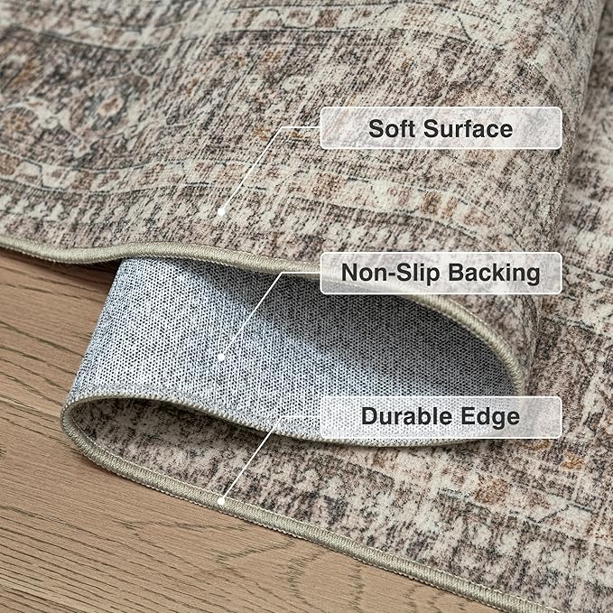 FMFUNCTEX 12x15 Washable Area Rug Taupe Vintage Neutral Distressed Large Non Slip Carpet for Living Room Bedroom Soft Low Pile Indoor Mat Retro Floral Throw Rug for Dining Room Kitchen Office Nursery