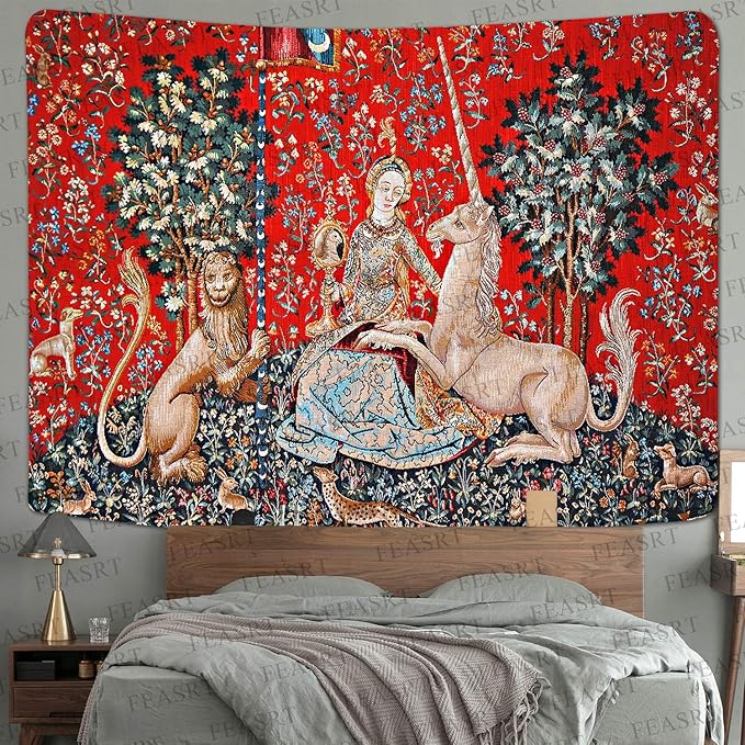 FEASRT Medieval Princess Tapestry - European Royal Tapestry The Maiden and The Unicorn - 80x60 inch for Bedroom, Living Room, Dorm Decoration