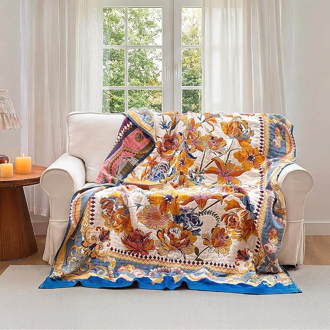 Boho Throw Blanket - 60"x80" 100% Cotton Ultra Soft Lightweight Spring Blanket, 4-Layer Breathable Muslin Blankets for Bed Couch, Reversible Yellow Floral Printed Bohemian Cotton Quilt