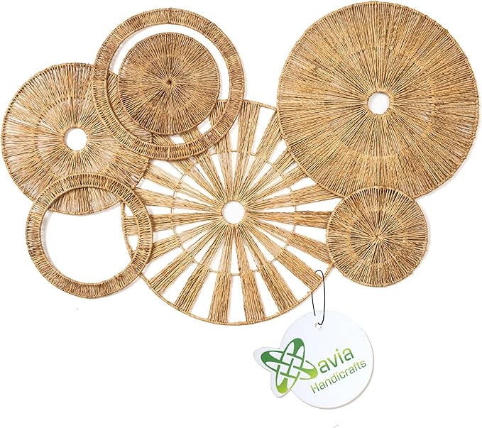 Xavia Handicrafts Set of 7 Boho Wicker Rattan Plate Basket For Décor Hanging Wall | Large Woven Farmhouse Rustic Bohemian Art Baket Hangings For Decorative Home, Bedroom, Living Room, Kitchen, Bathroom