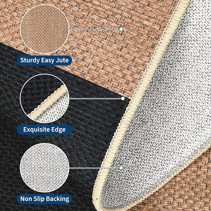 GarveeHome 9x12 Checkered Easy Jute Rugs for Bedroom Machine Washable Large Rugs Non-Slip Backing Modern Neutral Stain Resistance Carpets for Farmhouse Patio Dining Room Backyard Black Tan