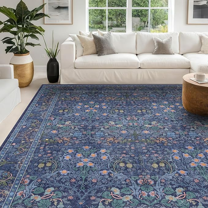 Dark Blue Living Room Rug 8x10, Vintage Floral Washable Area Rugs for Bedroom, Dining Room Under Kitchen Table, Oriental Low Pile Stain Resistant Non-Slip Large Navy Decor