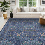Dining Room Rugs for Under Table - 6x8 Washable Dark Blue Oriental Area Rug for Living Room, Low Pile Non-Slip Floor Carpet for Bedroom - Vintage Design & Stain Resistance (6x8 Navy Blue)