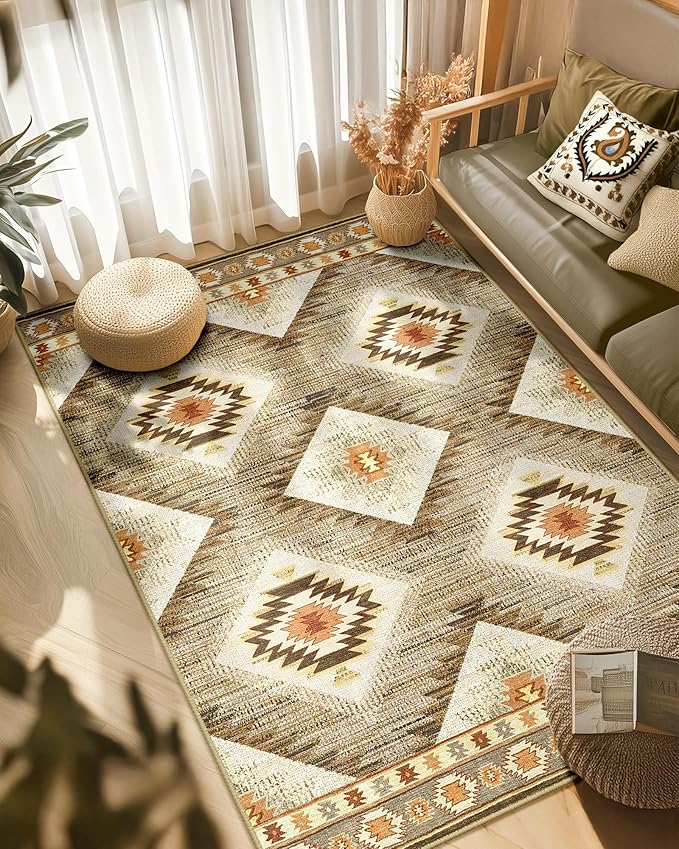 Area Rug 4x6 Rug Machine Washable Non-Slip Low Pile Print Pattern Western Rug for Living Room Bedroom Entryway Tribal Series -Cream/Camel