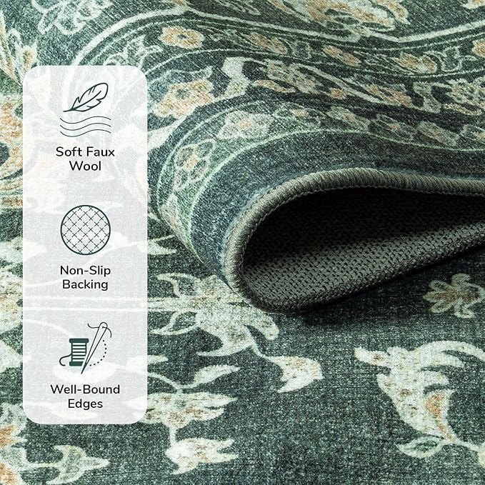 Lessymo 6x9 Area Rugs for Living Room, Machine Washable Non Slip Rug, Soft Low Pile Carpet for Bedroom Dining Home Office, Vintage Dark Green Distressed Floral Floor Mat