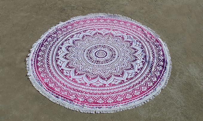 Round Beach Tapestry Turquoise Mandala Throw/Boho Hippie Beach Blanket Roundie/Indian Cotton Bohemian Large Round Table Cloth-Home Decor/Yoga Mat Meditation Picnic Rug (42", Pink and White)