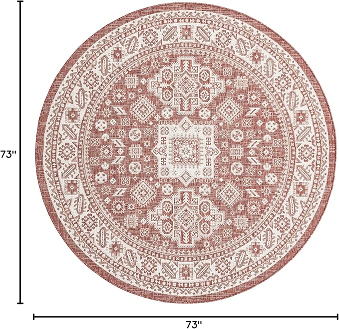 Rugs.com Outdoor Aztec Collection Rug – 6 Ft Round Rust Red Flatweave-Pile Rug Perfect for Kitchens, Dining Rooms