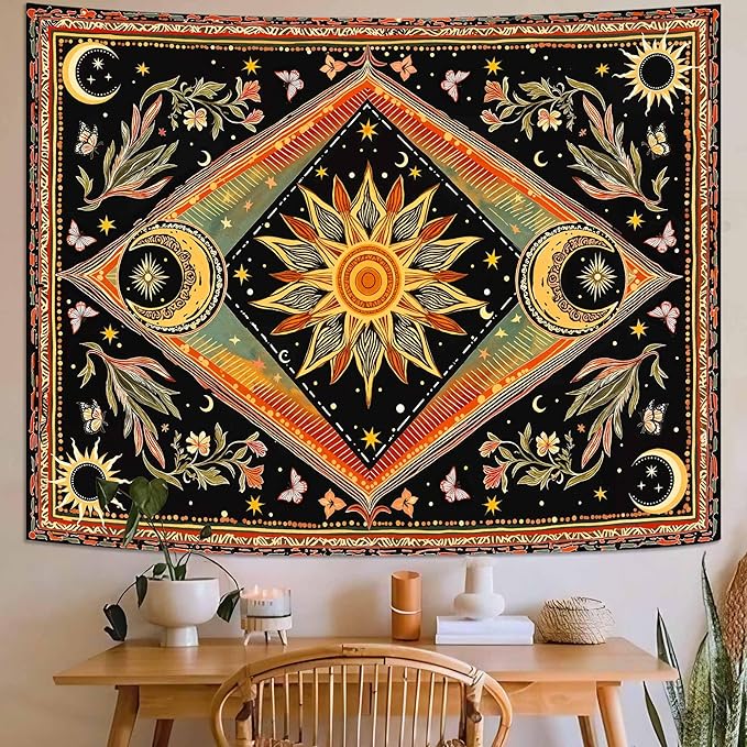 Accnicc Hippie Sun and Moon Tapestry Boho Mandala Floral Wall Tapestry for Bedroom Aesthetic Vintage Plant Celestial Colorful Small Tapestries Wall Hanging for Dorm Living Room Decor 60 x 44 Inch