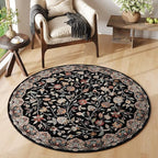Rugcomf Vintage Paisley Round Rug 4ft - Machine Washable Area Rug, Non-Slip Low Pile Floral Carpet for Entryway, Living Room, Bedroom, Dining Room, Kids, Bathroom, Office - Black