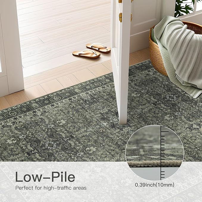 8x10 Vintage Washable Area Rug for Living Room,Low Pile Non Slip Carpet Non-Shedding Large Area Rug Soft Indoor Stain Resistant Rug Floral Print Mat for Bedroom Dining Room Green Floral