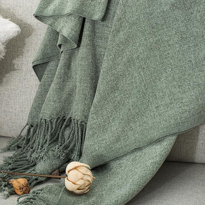 Chenille Throw Blanket for Couch with Tassels,50"X60" Soft Lightweight Knitted Boho Decorative Blankets for Bed and Sofa,Sage Green