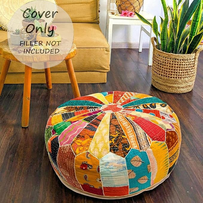 Mandala Life ART Indian Vintage Colorful Pouf Ottoman Cover Handmade Round Floor Cushion Pillow Patchwrok Recycled Cotton Bohemian Room Décor for Yoga and Boho Chic Seating Area 24x8 Unstuffed