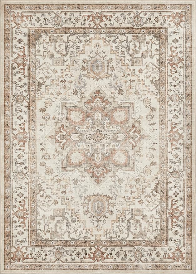 Washable Rug 6x9 Area Rugs: Boho Vintage Distressed Oriental Medallion Neutral Thin Large Rug Carpet for Living Room Bedroom Dining Room Home Office Decor - Beige