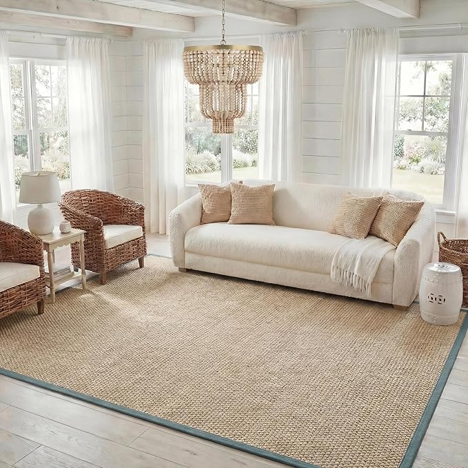 SAFAVIEH Area Rug 8x10 - Natural Fiber Collection - Large - Natural & Light Blue, Seagrass, Basketweave Pattern (NF114M)