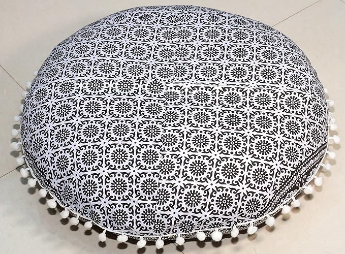 Round Mandala Floor Pillow Cover Seating Cushion Throw Cover Hippie Decorative Bohemian Ottoman Pouf Cover, Pom Pom Pillow Cases,Boho Indian 22 Inches (Black Elephant Flower)