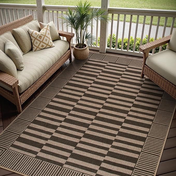 Beevia Striped 5x7 Neutral Jute Rug, Indoor Outdoor Rugs for Living Room, Farmhouse Modern Non-Slip Large Floor Carpet for Patio Balcony Dining Room Decor (Nature, 5x7ft)
