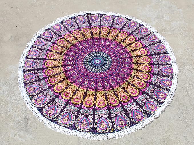 Round Beach Tapestry Turquoise Mandala Throw/Boho Hippie Beach Blanket Roundie/Indian Cotton Bohemian Large Round Table Cloth-Home Decor/Yoga Mat Meditation Picnic Rug (42", Pink And Yellow)