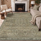 GENIMO 3x5 Area Rugs for Living Room, Machine Washable Non Slip Vintage Rugs, Low Pile Lightweight Chenille Print Rug for Bedroom, Dining Room, Home Office, Green Khaki
